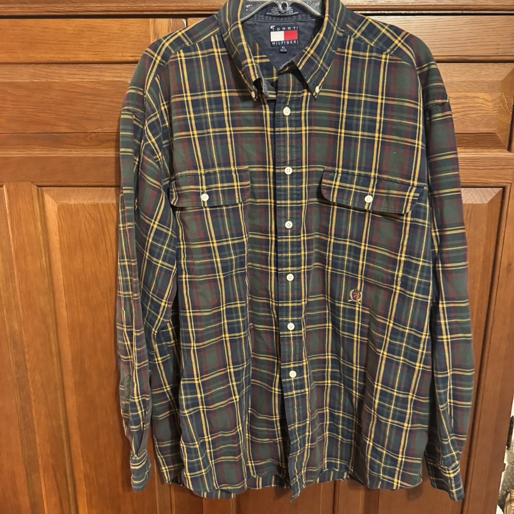 Vintage Tommy Hilfiger Shirt‎ Adult Extra Large XL Blue Green Crest 90s Mens